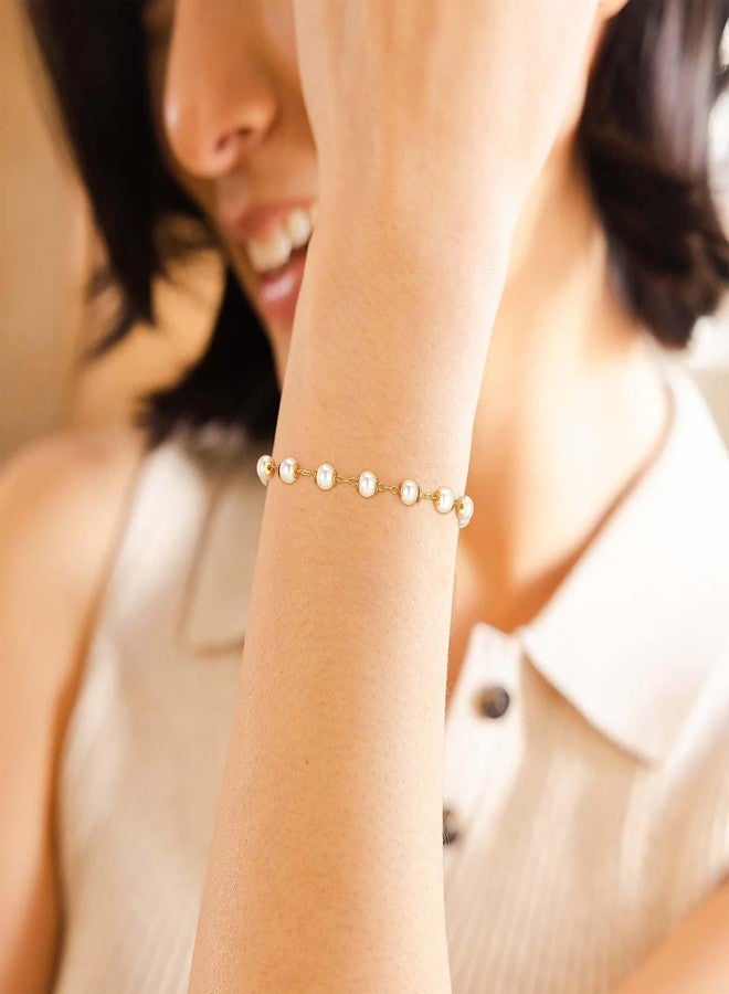LOYATA Gold Bracelet 14K Gold Plated Dainty Pearl Chain Handmade Simple Jewelry Gift for Women - Image 2