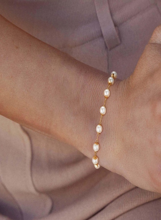 LOYATA Gold Bracelet 14K Gold Plated Dainty Pearl Chain Handmade Simple Jewelry Gift for Women - Image 3