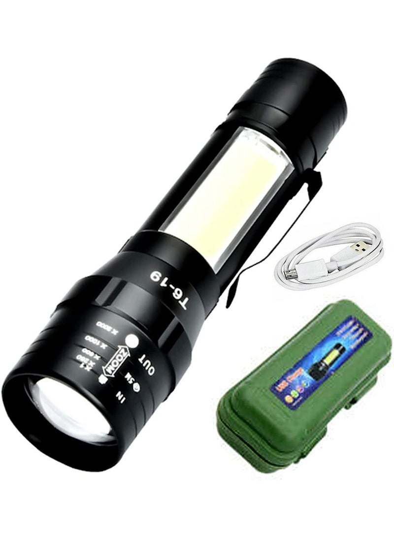 360 Flashlight with Side Light COB LED USB Rechargeable Super Bright Torch, Outdoor Emergency Lighting - Black (smal) - Image 1