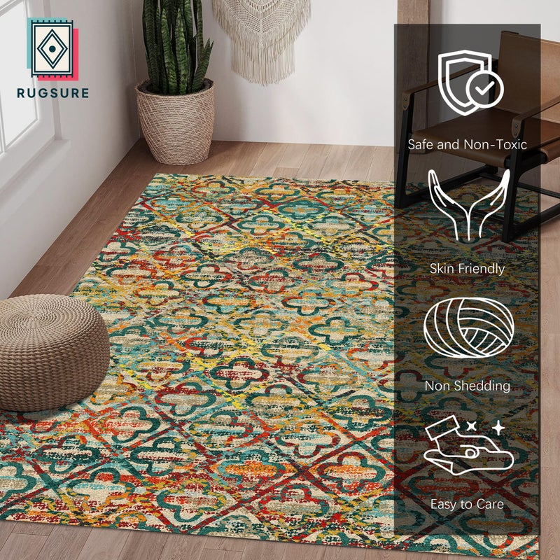 RUGSURE Washable Area Rugs, 4' x 6' - 1/6 Thick - Stain & Water Resistant Non-Slip - Perfect Resistant Rug for Living Room, Bedroom, Nursery, Pet & Child Friendly, Vibrant Colors Rugs, Multicolor - Image 2