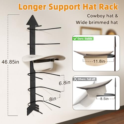HYDERMUS Cowboy Hat Holder for Wall, Cowboy Hat Rack Arrow Wood for 10 Baseball Caps and 5 Cowboy Hats, Western Wall Decor for Bedroom, Hat Organizer Hanger Storage for Entryway Closet Living Room, Black - Image 5