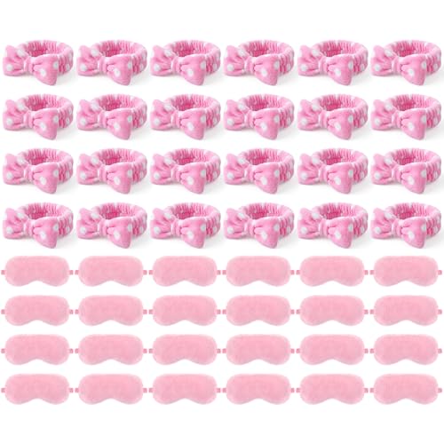 Maiteenly 24 Pieces Sleepover Party Favors Spa Headband Sleep Eye Mask Bulk Pink Headband for Washing Face Bow Makeup Eye Mask for Spa Birthday, Bachelorette Party, Slumber Wedding - Image 1