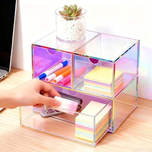 Gelite Desk Organizer with 3 Storage Drawers for Makeup Office Acrylic Desktop Drawer Organizer for Vanity Office Organization and Storage Box, Iridescent - Image 3