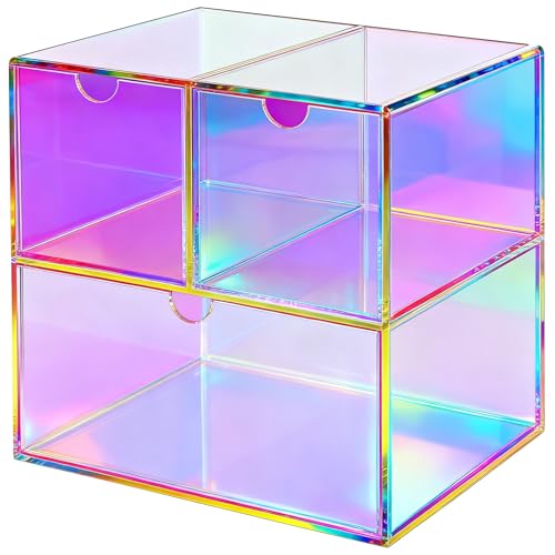 Gelite Desk Organizer with 3 Storage Drawers for Makeup Office Acrylic Desktop Drawer Organizer for Vanity Office Organization and Storage Box, Iridescent - Image 1