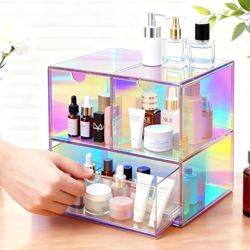 Gelite Desk Organizer with 3 Storage Drawers for Makeup Office Acrylic Desktop Drawer Organizer for Vanity Office Organization and Storage Box, Iridescent - Image 5