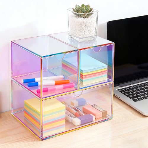 Gelite Desk Organizer with 3 Storage Drawers for Makeup Office Acrylic Desktop Drawer Organizer for Vanity Office Organization and Storage Box, Iridescent - Image 4