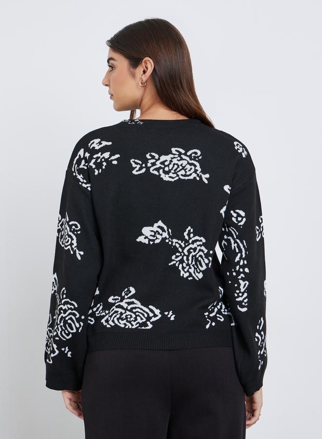 Styli Black Regular Fit Floral Jacquard Knit Sweater - Image 4