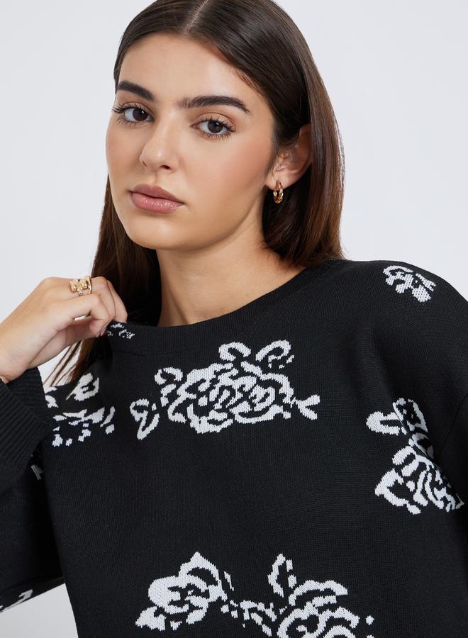 Styli Black Regular Fit Floral Jacquard Knit Sweater - Image 3