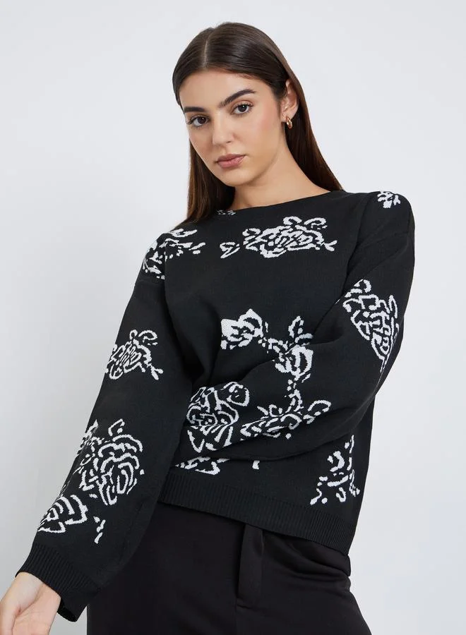 Styli Black Regular Fit Floral Jacquard Knit Sweater