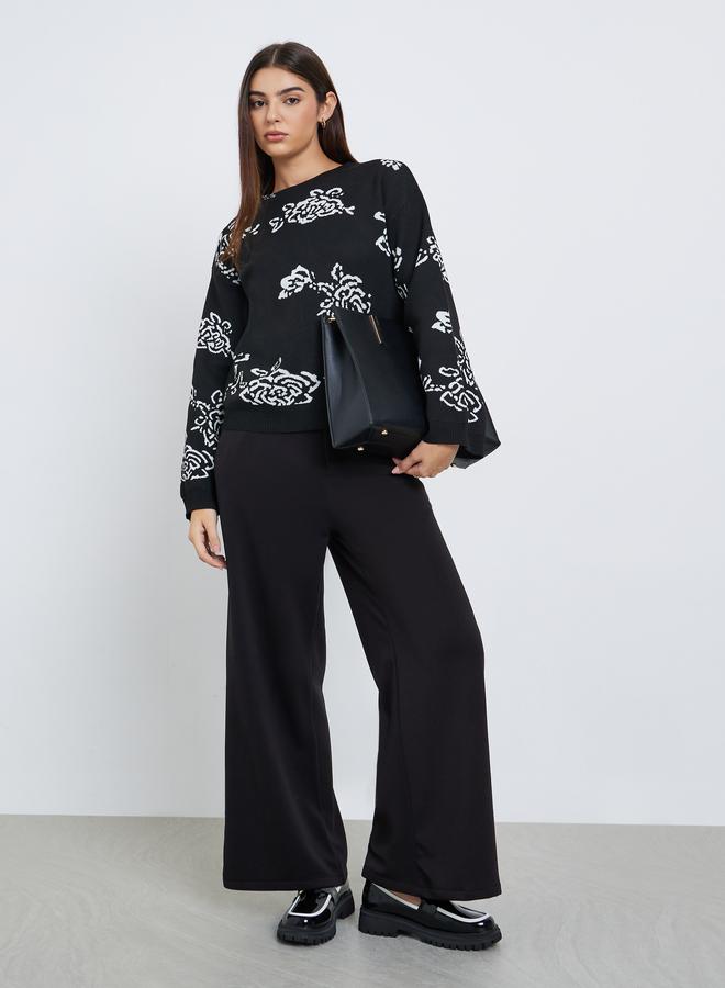 Styli Black Regular Fit Floral Jacquard Knit Sweater - Image 2