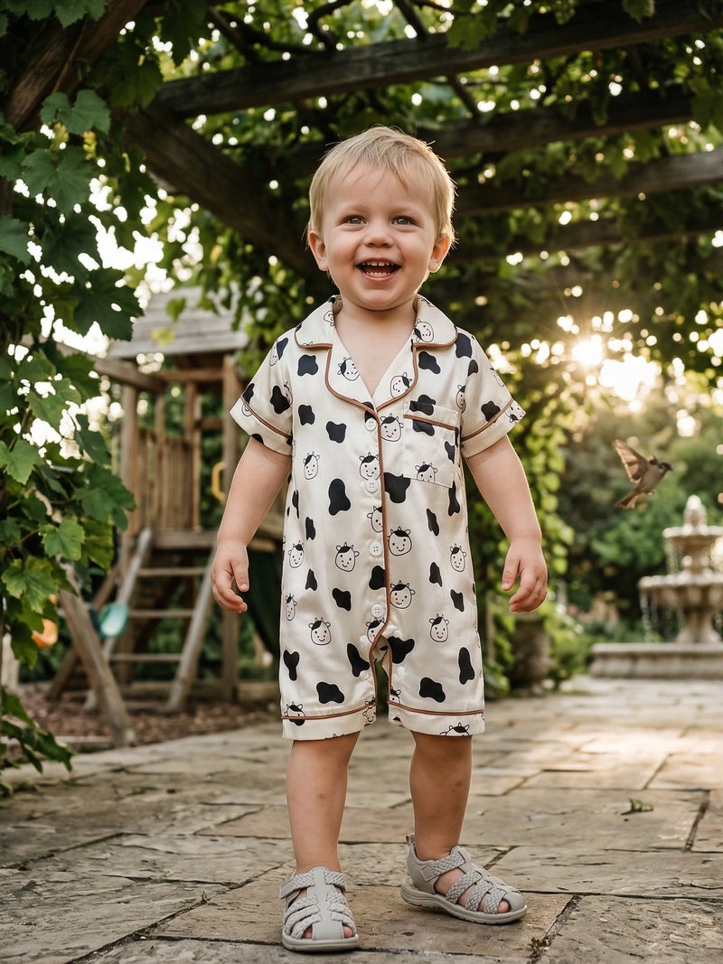 Baby Boys Girls Summer Pajamas Adorable Cow Print Short Sleeve Turn Down Collar Button Down Jumpsuit - Image 2