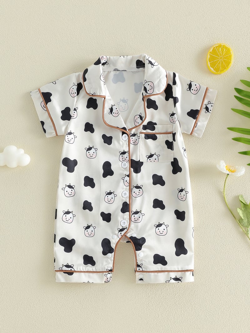 Baby Boys Girls Summer Pajamas Adorable Cow Print Short Sleeve Turn Down Collar Button Down Jumpsuit - Image 4
