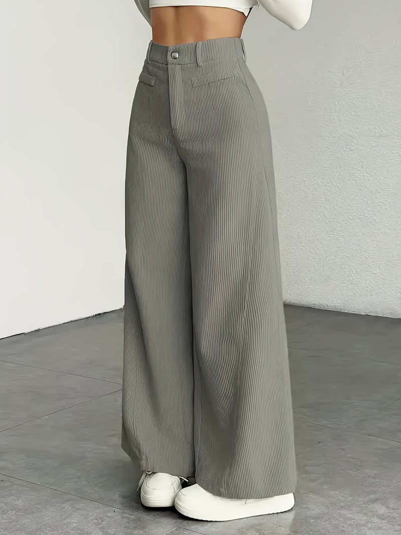 Women Corduroy Casual Pants Button Vertical Stripe Long Trousers - Image 2