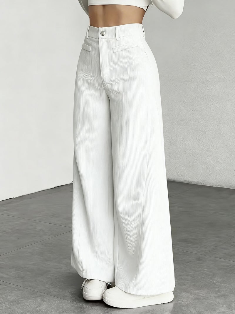 Women Corduroy Casual Pants Button Vertical Stripe Long Trousers - Image 4
