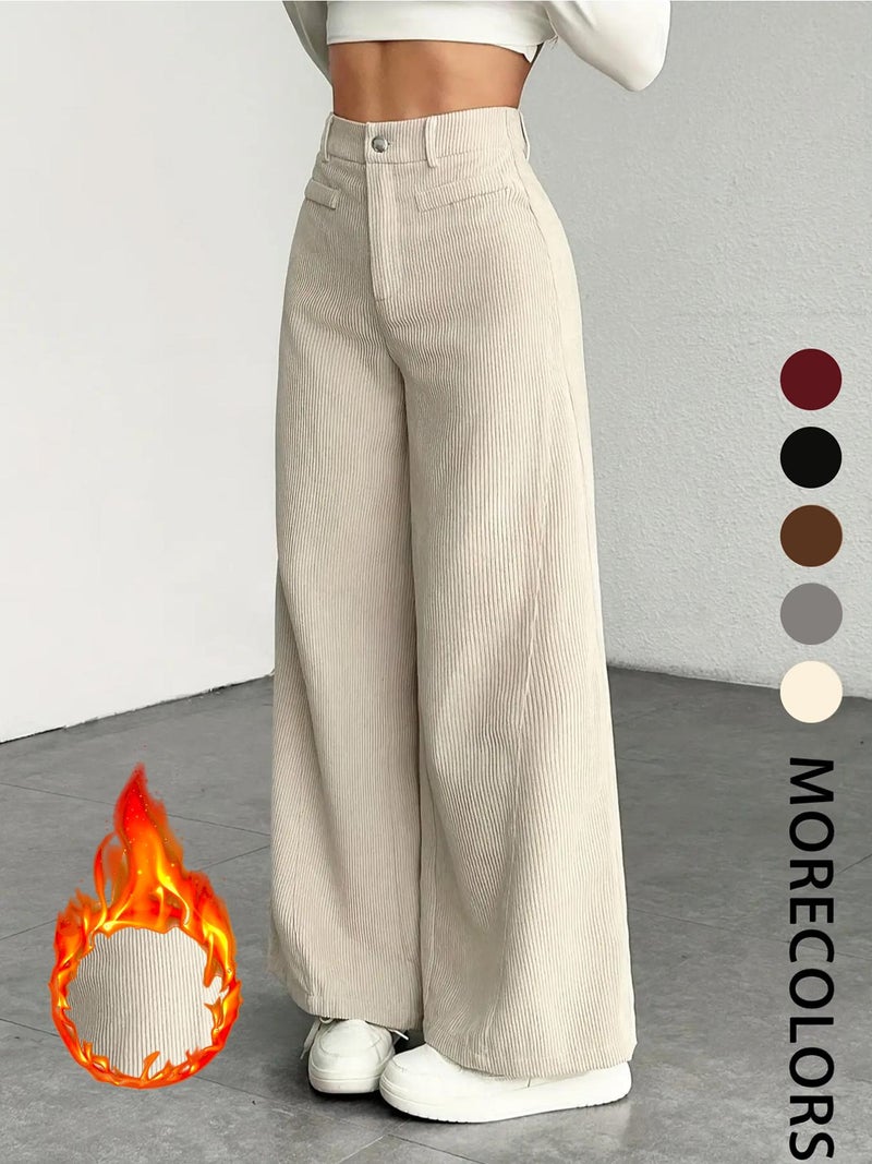 Women Corduroy Casual Pants Button Vertical Stripe Long Trousers - Image 1