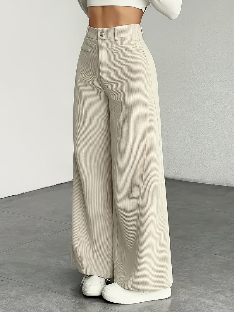 Women Corduroy Casual Pants Button Vertical Stripe Long Trousers - Image 3