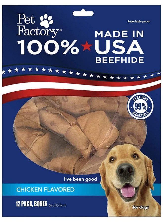 Pet Factory 100% Made in USA Beefhide 6" Knotted Bones Dog Chew Treats - Chicken Flavor, 12 Count/1 Pack - Image 1