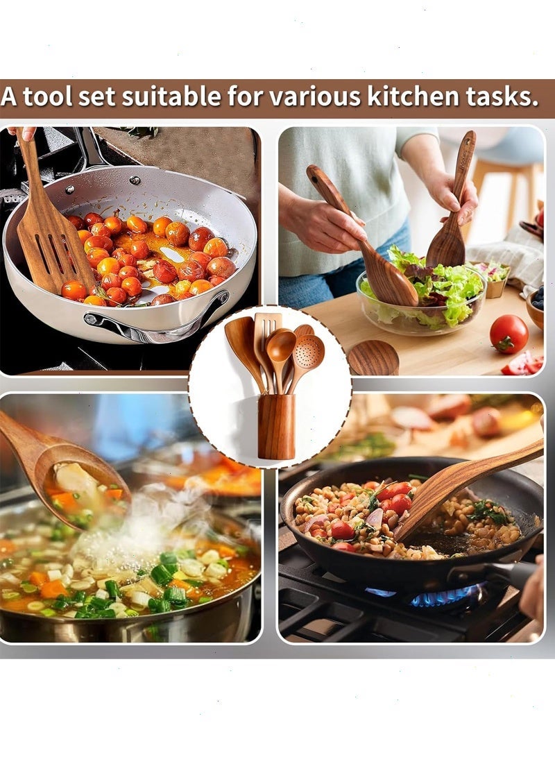 Yoawllty Wooden Spoons For Cooking, 6 Piece Organic Bamboo Utensil Set With Holder, Wood Kitchen Utensils Spatula Spoon For High Heat Stirring In Nonstick Pots & Pans Quality (Dark Brown) - Image 5