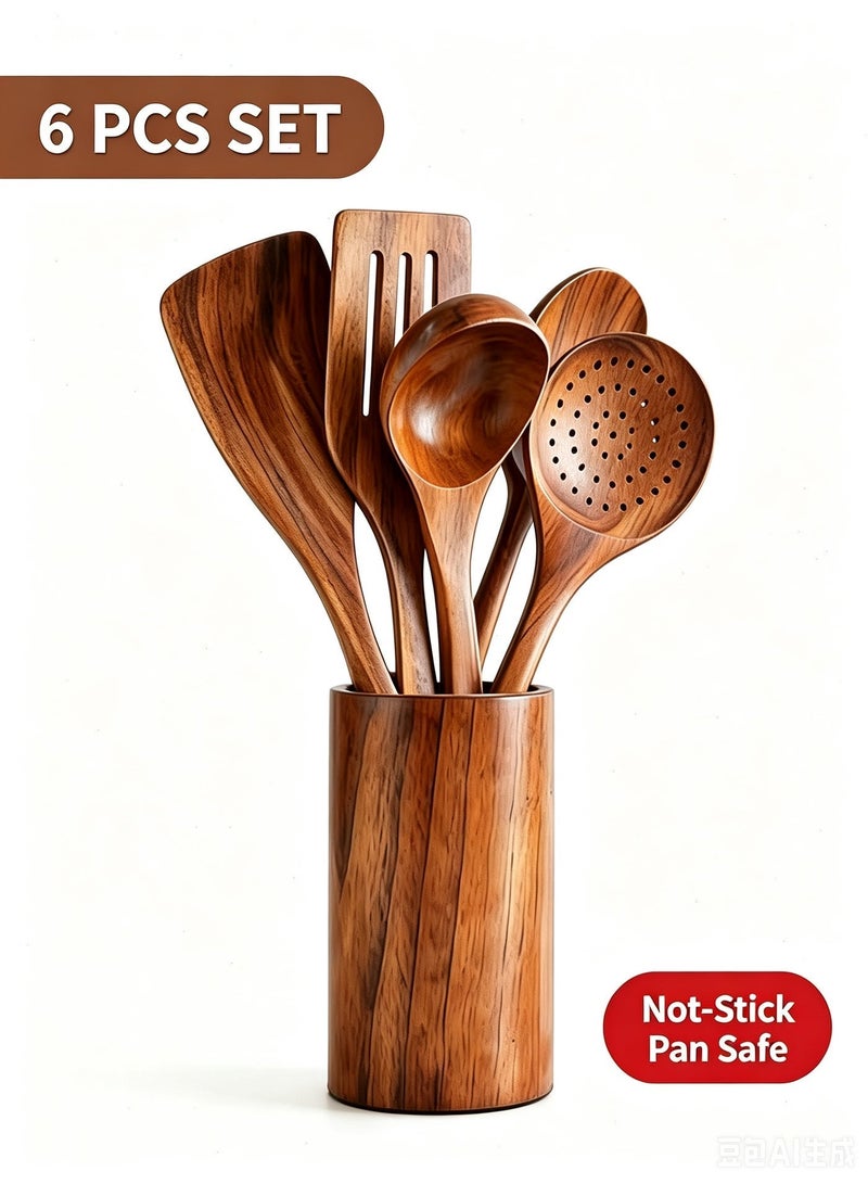 Yoawllty 6 Pcs Organic Bamboo Wooden Cooking Utensil Set with Storage Holder, Heat Resistant Non Scratch Kitchen Spoons, Non-stick Pan Safe Cookware Tools for Home Ramadan Daily Cooking - Image 1