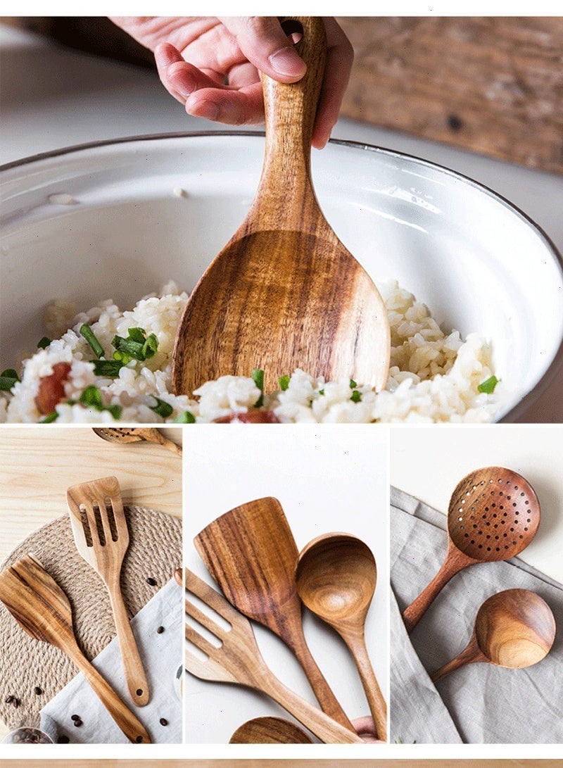 Yoawllty 6 Pcs Organic Bamboo Wooden Cooking Utensil Set with Storage Holder, Heat Resistant Non Scratch Kitchen Spoons, Non-stick Pan Safe Cookware Tools for Home Ramadan Daily Cooking - Image 5