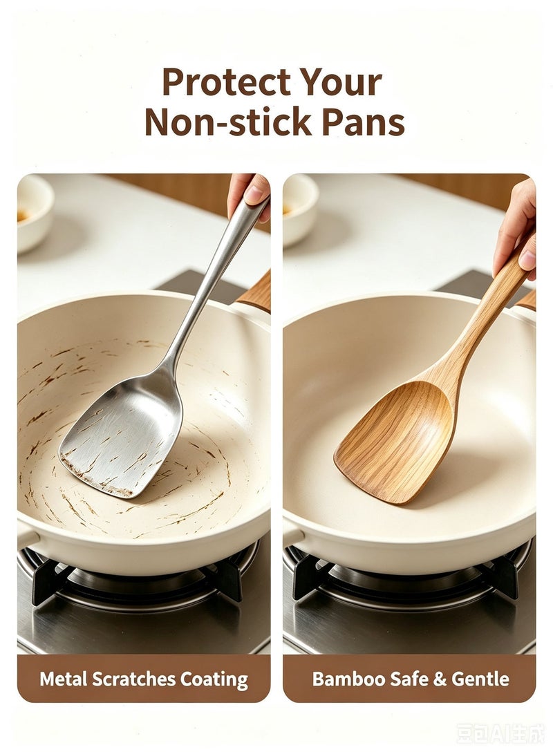 Yoawllty 6 Pcs Organic Bamboo Wooden Cooking Utensil Set with Storage Holder, Heat Resistant Non Scratch Kitchen Spoons, Non-stick Pan Safe Cookware Tools for Home Ramadan Daily Cooking - Image 3