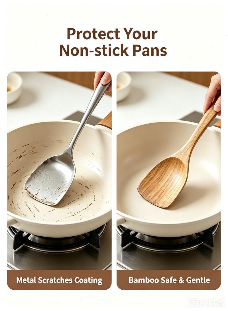 Yoawllty 6 Pcs Organic Bamboo Wooden Cooking Utensil Set with Storage Holder, Heat Resistant Non Scratch Kitchen Spoons, Non-stick Pan Safe Cookware Tools for Home Ramadan Daily Cooking - Image 4