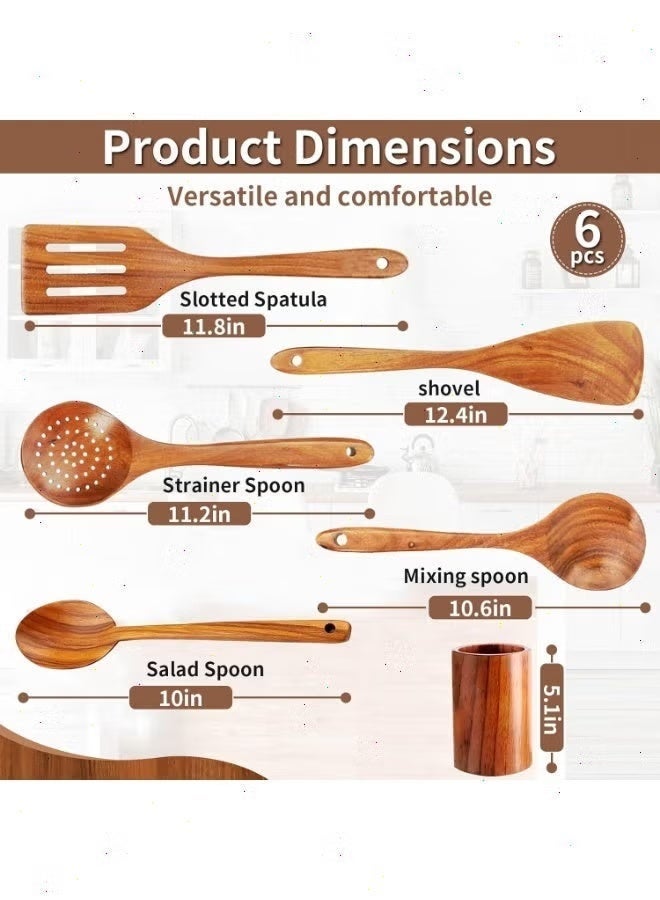 Yoawllty 6 Pcs Organic Bamboo Wooden Cooking Utensil Set with Storage Holder, Heat Resistant Non Scratch Kitchen Spoons, Non-stick Pan Safe Cookware Tools for Home Ramadan Daily Cooking - Image 2