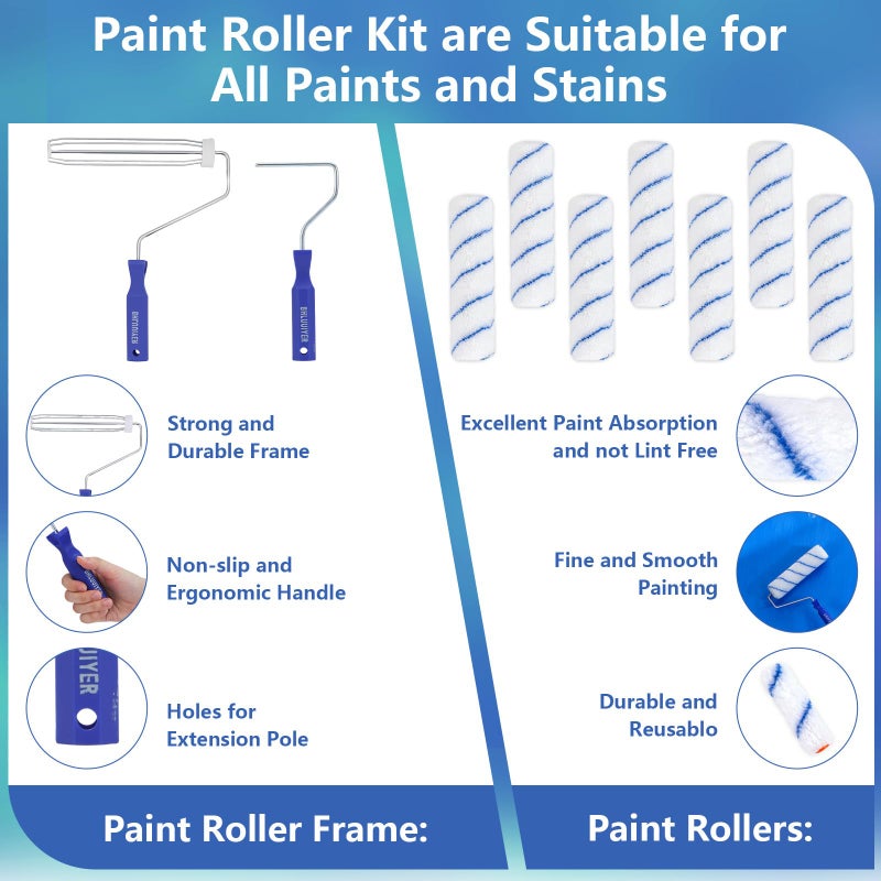 BHLUUIYER Paint Roller Kit with 2 to 4 FT Extension Pole for House Painting - Completed Home Painting Set with 9â€³ & 4â€³ Paint Roller Covers, Tray, Paint Brushes and Accessories - Image 3