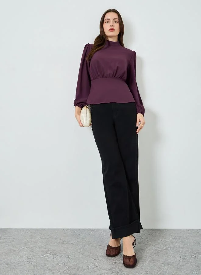 ستايلي بلوزة سادة بأكمام منفوخة