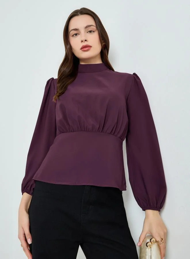 ستايلي بلوزة سادة بأكمام منفوخة