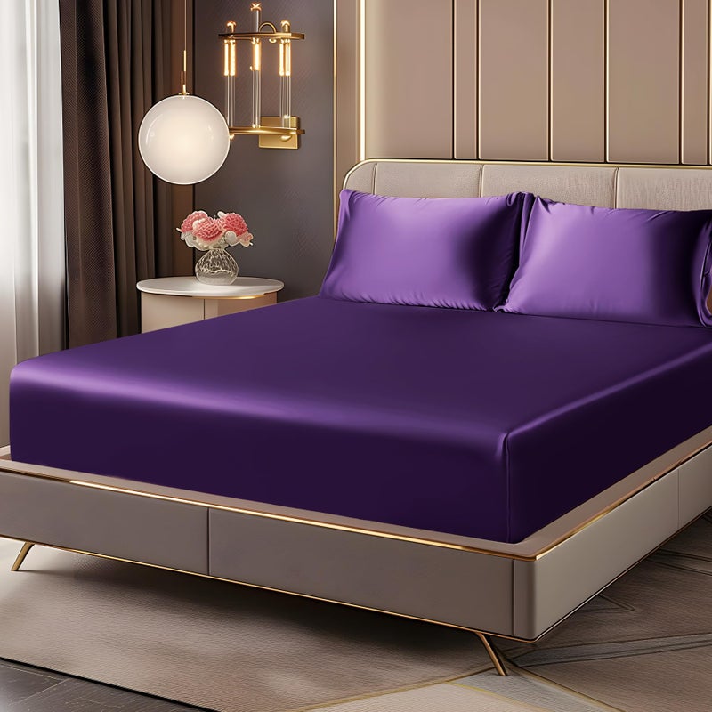 BEDELITE Satin Fitted Sheet and Pillowcases Set, Luxury Soft Similar to Silk Bottom Bedsheet with Elastic Corner Straps, Deep Pocket up to 15 Inch, 1 Fitted Sheet and 2 Pillowcases(Queen, Plum Purple) - Image 1