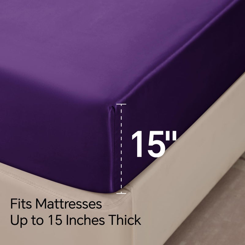 BEDELITE Satin Fitted Sheet and Pillowcases Set, Luxury Soft Similar to Silk Bottom Bedsheet with Elastic Corner Straps, Deep Pocket up to 15 Inch, 1 Fitted Sheet and 2 Pillowcases(Queen, Plum Purple) - Image 5