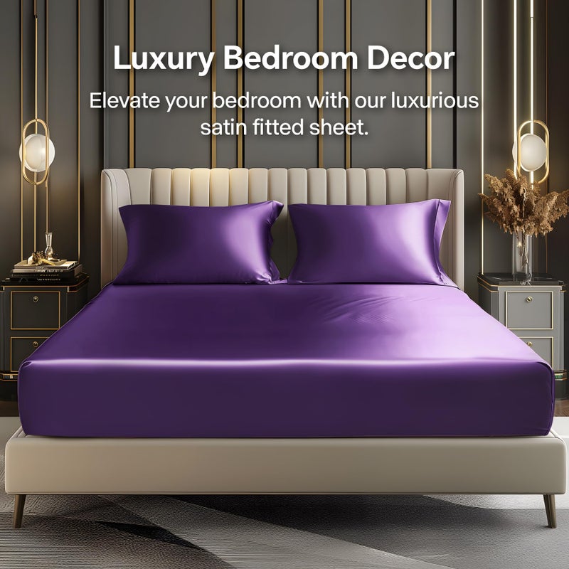 BEDELITE Satin Fitted Sheet and Pillowcases Set, Luxury Soft Similar to Silk Bottom Bedsheet with Elastic Corner Straps, Deep Pocket up to 15 Inch, 1 Fitted Sheet and 2 Pillowcases(Queen, Plum Purple) - Image 2