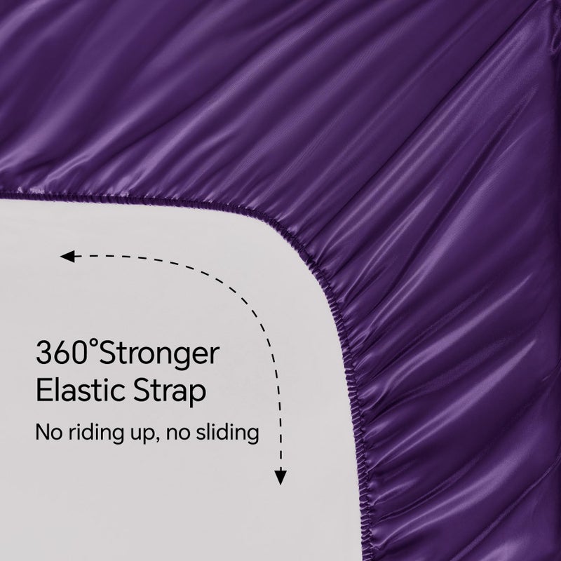BEDELITE Satin Fitted Sheet and Pillowcases Set, Luxury Soft Similar to Silk Bottom Bedsheet with Elastic Corner Straps, Deep Pocket up to 15 Inch, 1 Fitted Sheet and 2 Pillowcases(Queen, Plum Purple) - Image 4