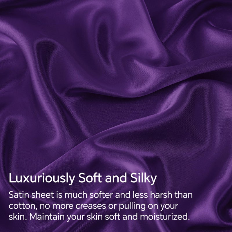 BEDELITE Satin Fitted Sheet and Pillowcases Set, Luxury Soft Similar to Silk Bottom Bedsheet with Elastic Corner Straps, Deep Pocket up to 15 Inch, 1 Fitted Sheet and 2 Pillowcases(Queen, Plum Purple) - Image 3