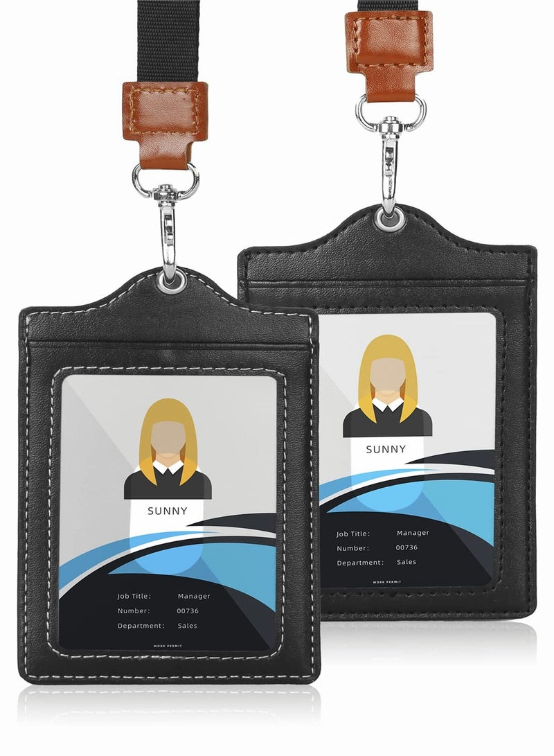 Excefore Badge Holder, 2 Pack Lanyards for Id Badges Reel Grade Leather ID Card Holder - Image 1
