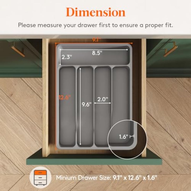 Silverware Drawer Organizer Tray, Plastic Cutlery Storage for Kitchen, Flatware and Utensil Holder Divider for Spoons Forks Knives Tableware, ", 5 Slots - Image 2