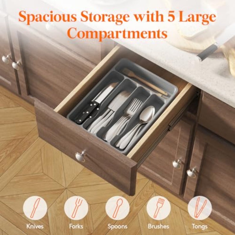 Silverware Drawer Organizer Tray, Plastic Cutlery Storage for Kitchen, Flatware and Utensil Holder Divider for Spoons Forks Knives Tableware, ", 5 Slots - Image 4