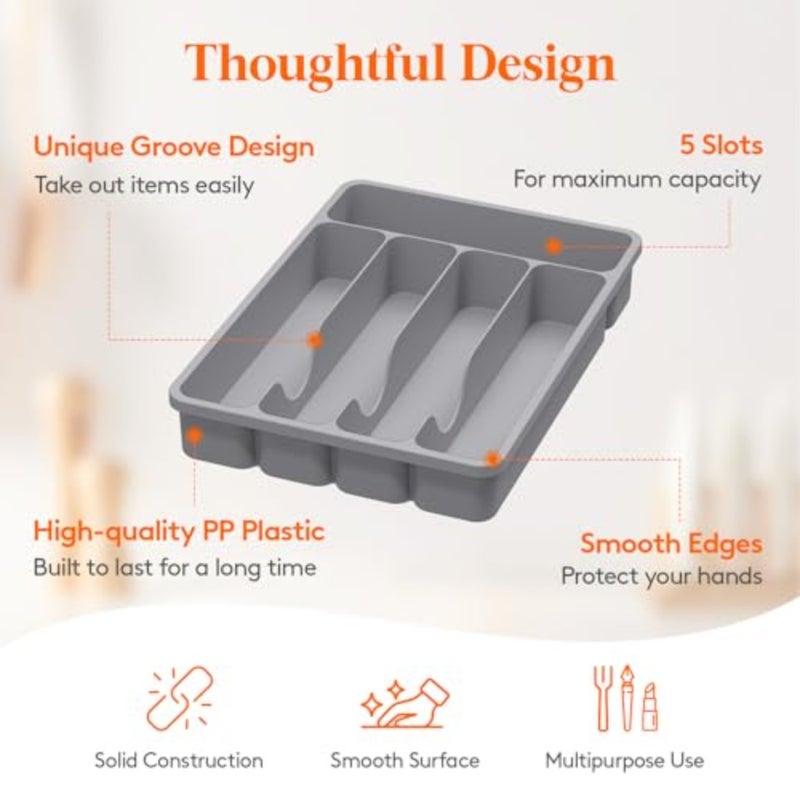 Silverware Drawer Organizer Tray, Plastic Cutlery Storage for Kitchen, Flatware and Utensil Holder Divider for Spoons Forks Knives Tableware, ", 5 Slots - Image 3