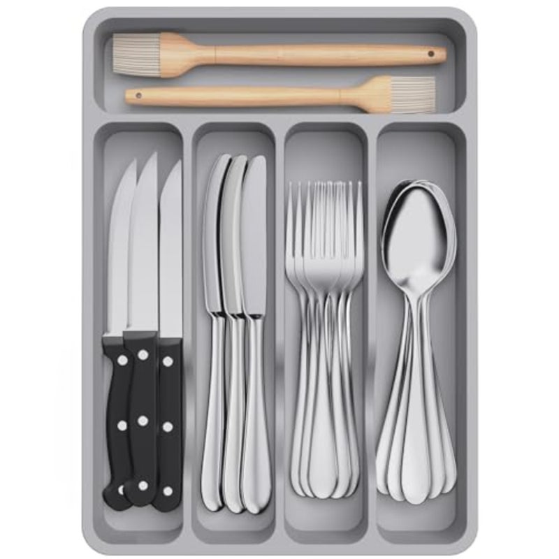 Silverware Drawer Organizer Tray, Plastic Cutlery Storage for Kitchen, Flatware and Utensil Holder Divider for Spoons Forks Knives Tableware, ", 5 Slots - Image 1