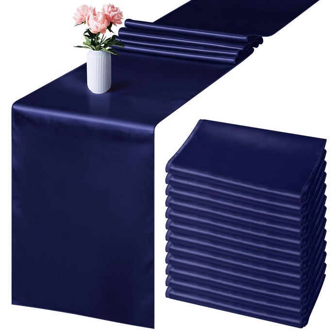 12 PACK SATIN TABLE RUNNER 12 X 108 INCH NAVY BLUE LONG WEDDING SATIN SILK TABLE RUNNER FOR WEDDING BANQUET GRADUATIONS BIRTHDAY PARTY DECORATION