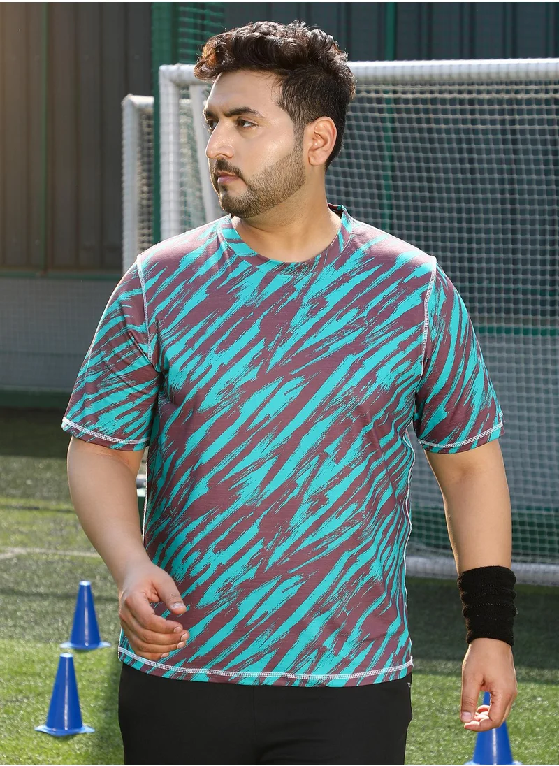 انستافاب بلس Instafab Plus Men's Aqua Blue & Charcoal Black Contrast-Stroke Activewear T-Shirt For Casual Wear | Crew Neck | Short Sleeves | Plus Size Jersey T-Shirt Crafted With Comfort Fit For Everyday Wear