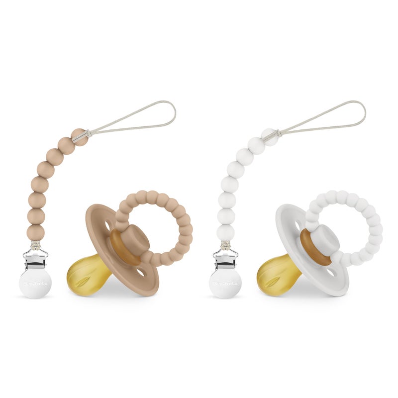 Bleu La La Luladream Pacifier and Clip Set - Natural Rubber Nipple - Soft Teething Handle - for Infants Baby's and Toddlers, 0-18 Months (Camel + Cream + Clips) - Image 1