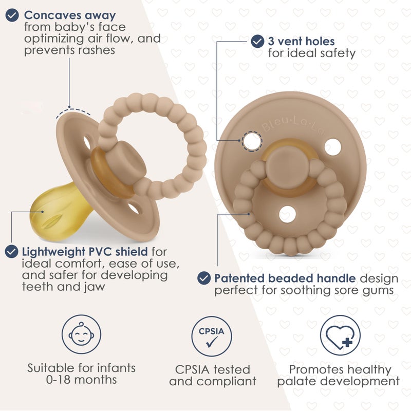 Bleu La La Luladream Pacifier and Clip Set - Natural Rubber Nipple - Soft Teething Handle - for Infants Baby's and Toddlers, 0-18 Months (Camel + Cream + Clips) - Image 3