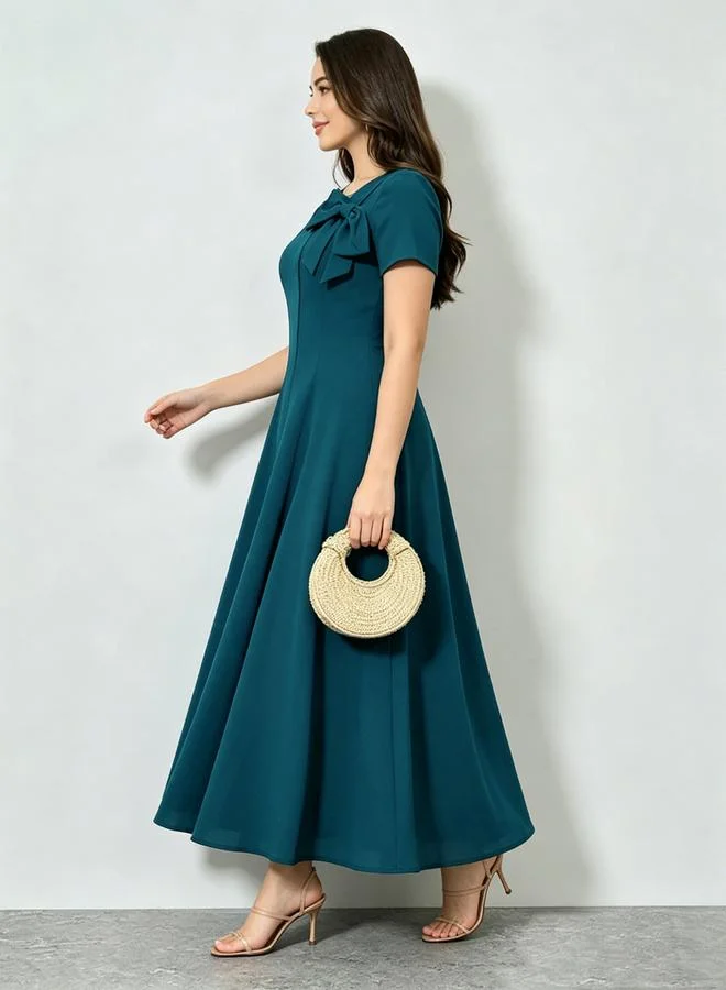 Styli  Blue Bow Detail A-Line Midi Dress for Women | Best Price UAE