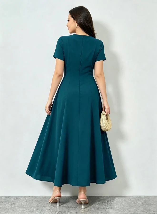 Styli  Blue Bow Detail A-Line Midi Dress for Women | Best Price UAE
