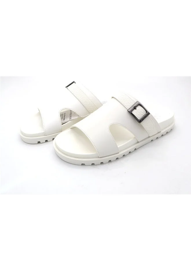 U.S. Polo Assn. WHITE US Polo White Men’s Slip‑On Leather‑Look Slide Sandals – Adjustable Buckle Strap, Casual Summer Footwear for Men | Best Price UAE