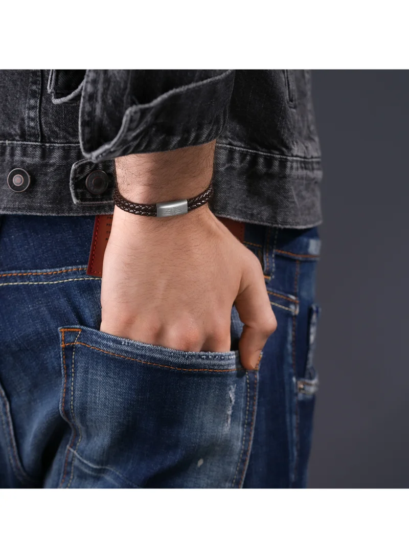 POLICE Parallel Dark Brown Leather Stainless Steel Gents Bracelet
