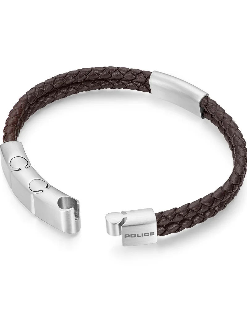 POLICE Parallel Dark Brown Leather Stainless Steel Gents Bracelet