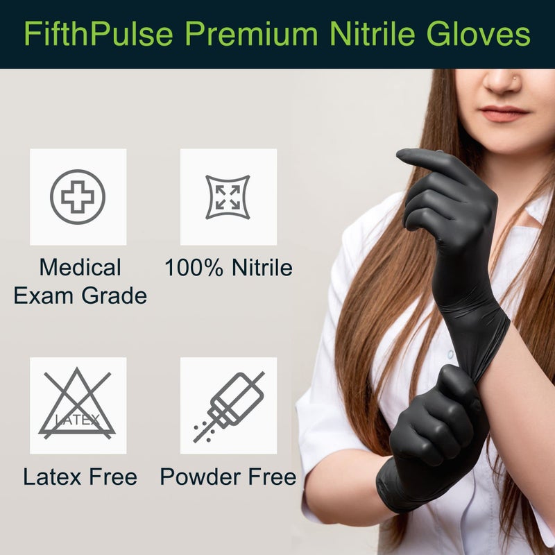 FifthPulse قفازات سوداء disposable خالية من اللاتكس حجم كبير، 50 قطعة - قفازات جراحية من الدرجة الطبية وطب الأسنان - قفازات نيتريل خالية من البودرة حجم كبير - سمك 3 مل - Image 5